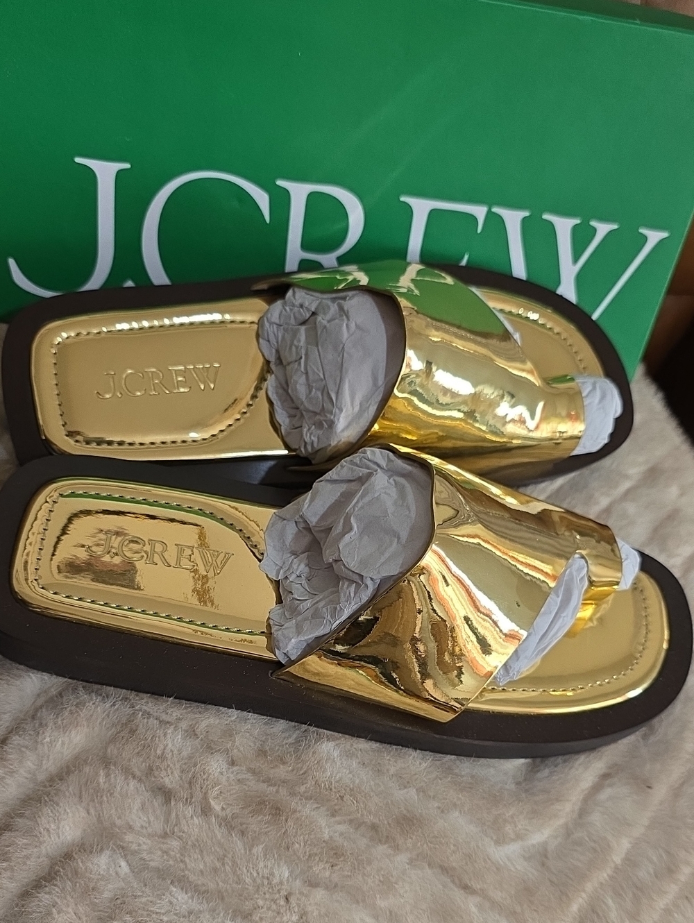 J. Crew Gold Metallic Toe-Loop Slide Sandals